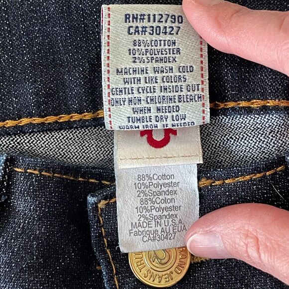 True Religion Blue Dark Wash Metallic Painted Horseshoe Flap Pockets Jeans Sz 31 - Picture 11 of 13